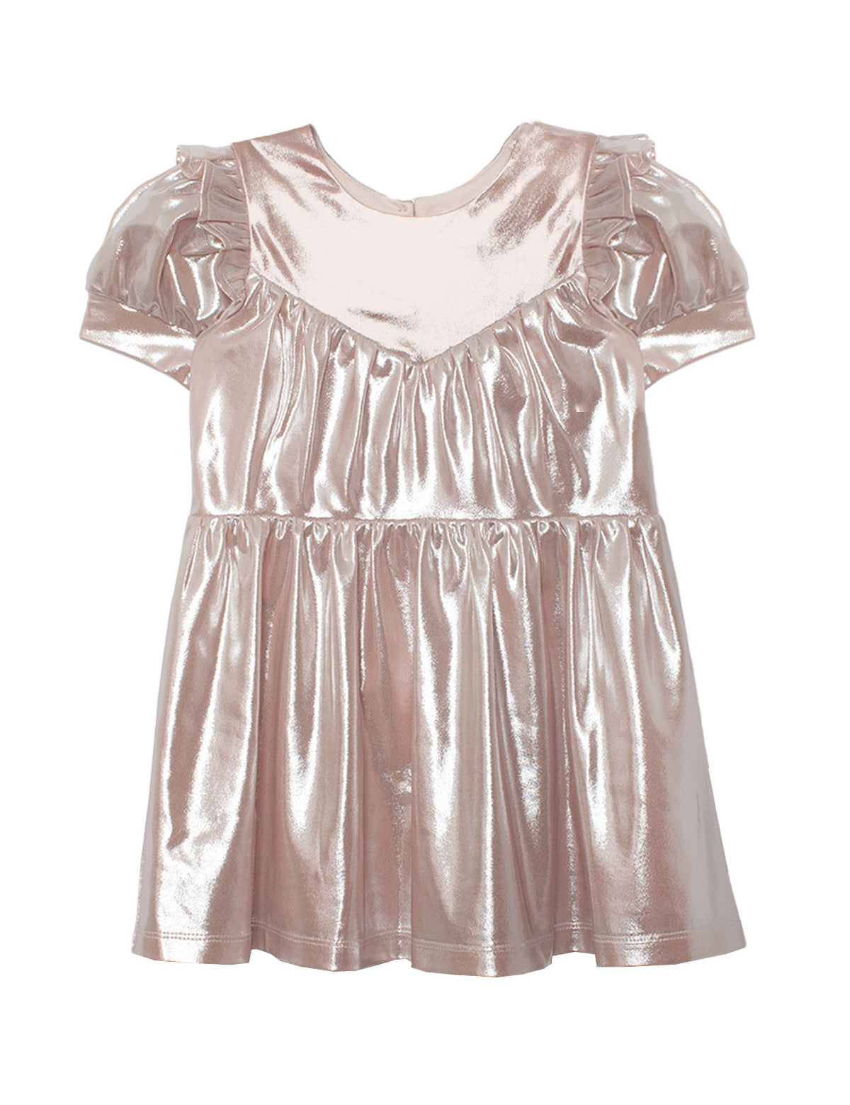 The Isobella and Chloe Golden Glow Pink Dress is a metallic pink children’s dress with puffed short sleeves, ruffled shoulder details, and an A-line silhouette.