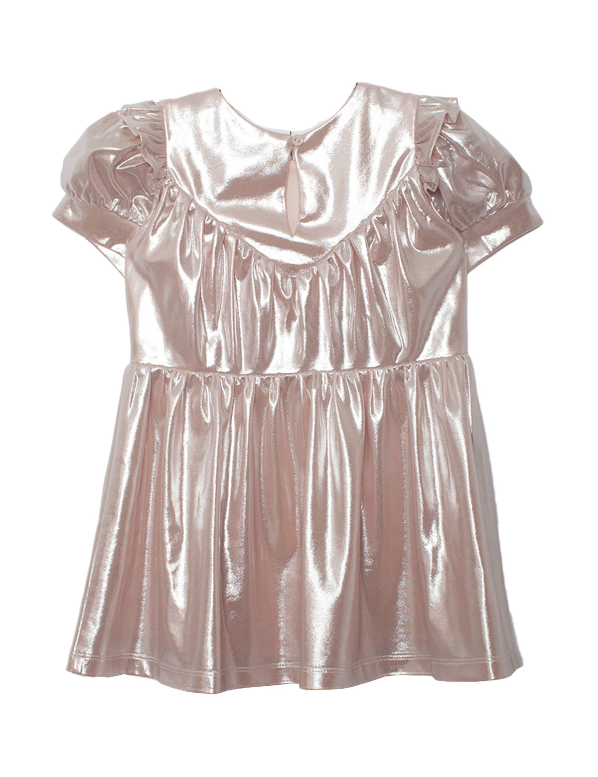 The Golden Glow Pink Dress by Isobella and Chloe features a shiny metallic pink finish, puffed short sleeves, ruffled chest and sleeve details, plus a keyhole button closure at the back for a standout, reflective look.