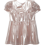 The Golden Glow Pink Dress by Isobella and Chloe features a shiny metallic pink finish, puffed short sleeves, ruffled chest and sleeve details, plus a keyhole button closure at the back for a standout, reflective look.