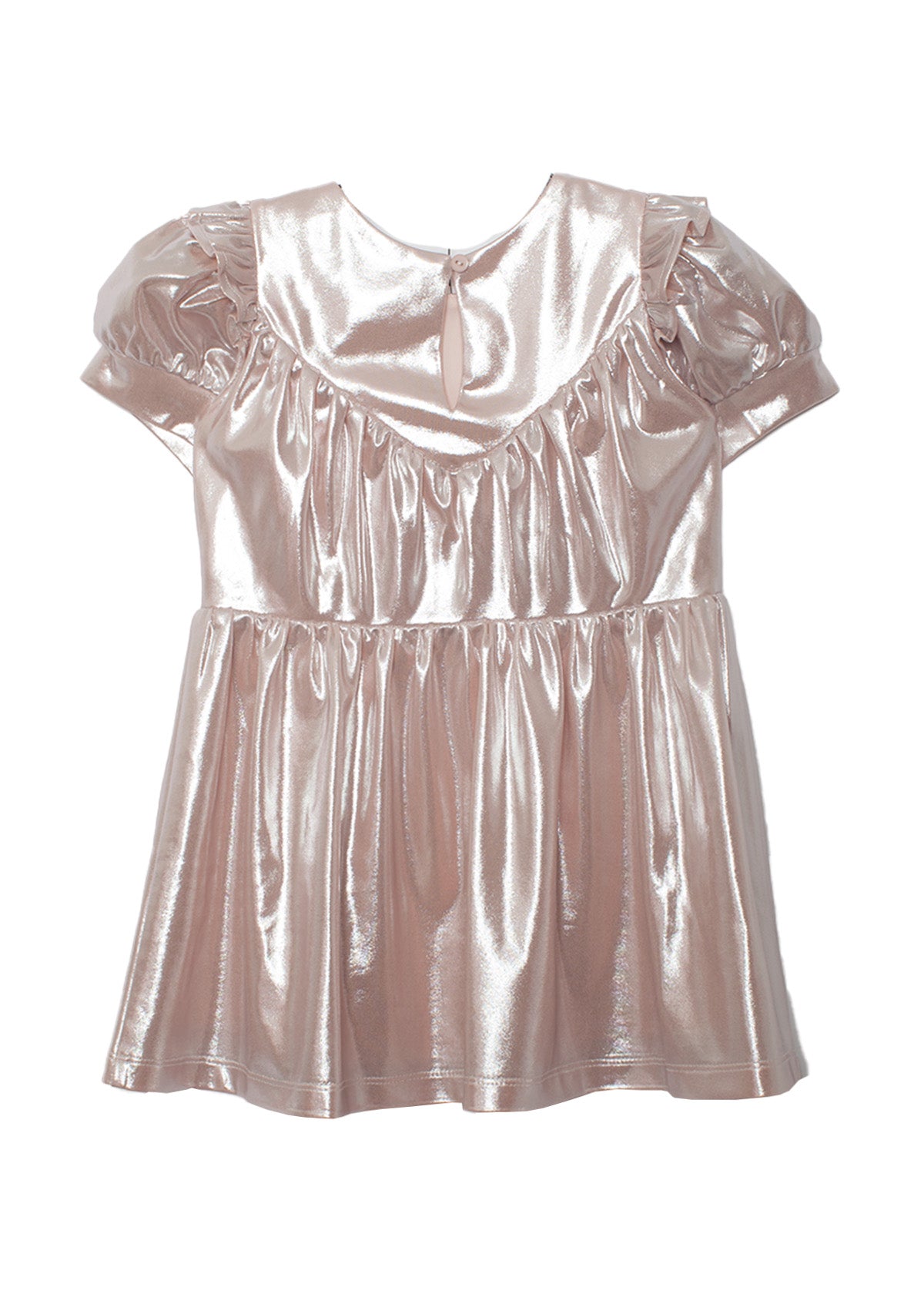 The Golden Glow Pink Dress by Isobella and Chloe features a shiny metallic pink finish, puffed short sleeves, ruffled chest and sleeve details, plus a keyhole button closure at the back for a standout, reflective look.