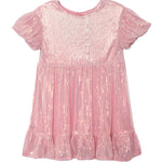 The Glitter and Glitz Dress by Isobella and Chloe is a pink, short-sleeved, knee-length sequin dress for girls with a round neck, gathered waist, and ruffled hem—ideal as a glittery party dress.