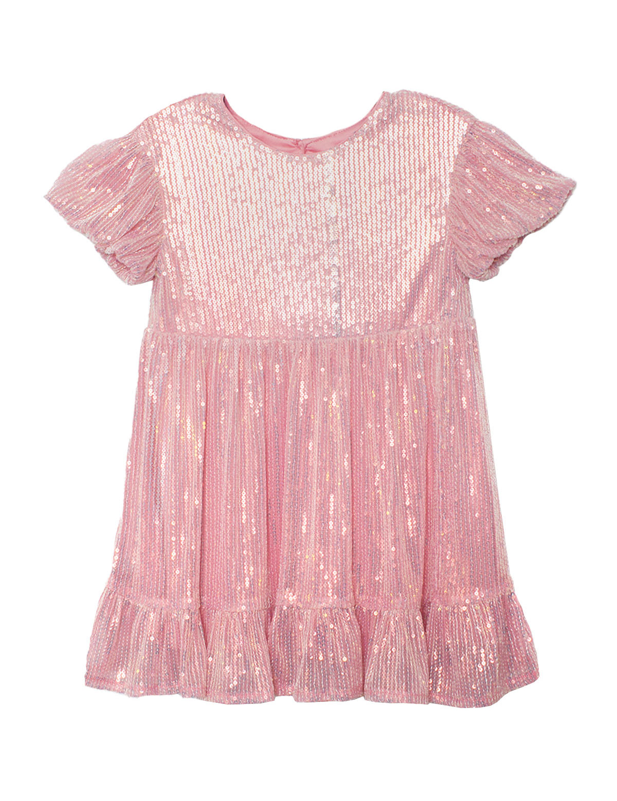The Glitter and Glitz Dress by Isobella and Chloe is a pink, short-sleeved, knee-length sequin dress for girls with a round neck, gathered waist, and ruffled hem—ideal as a glittery party dress.
