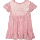 The Glitter and Glitz Dress by Isobella and Chloe is a pink, short-sleeved, knee-length sequin dress for girls with a round neck, gathered waist, and ruffled hem—ideal as a glittery party dress.