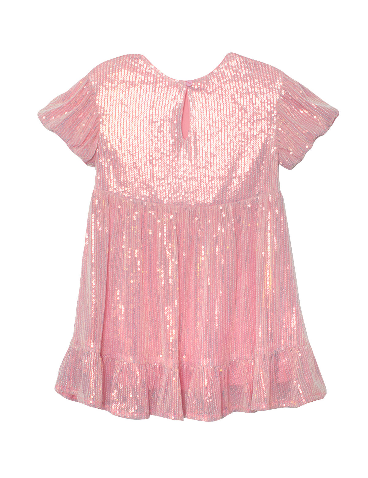The Isobella and Chloe Glitter and Glitz Dress is a short-sleeved, knee-length pink sequin dress for girls with shiny sequins, a ruffled hem, and a button keyhole back—perfect for any party.