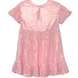 The Isobella and Chloe Glitter and Glitz Dress is a short-sleeved, knee-length pink sequin dress for girls with shiny sequins, a ruffled hem, and a button keyhole back—perfect for any party.