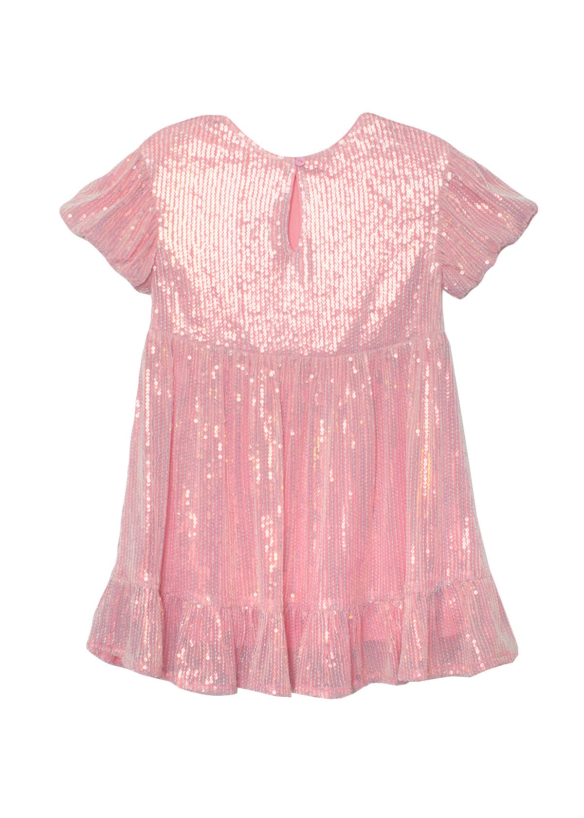 The Isobella and Chloe Glitter and Glitz Dress is a short-sleeved, knee-length pink sequin dress for girls with shiny sequins, a ruffled hem, and a button keyhole back—perfect for any party.