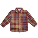 The Beckett and Bear Noah Shirt is a kids’ long-sleeved plaid shirt in red, yellow, and blue, with a front chest pocket and classic collar for timeless button-down style.