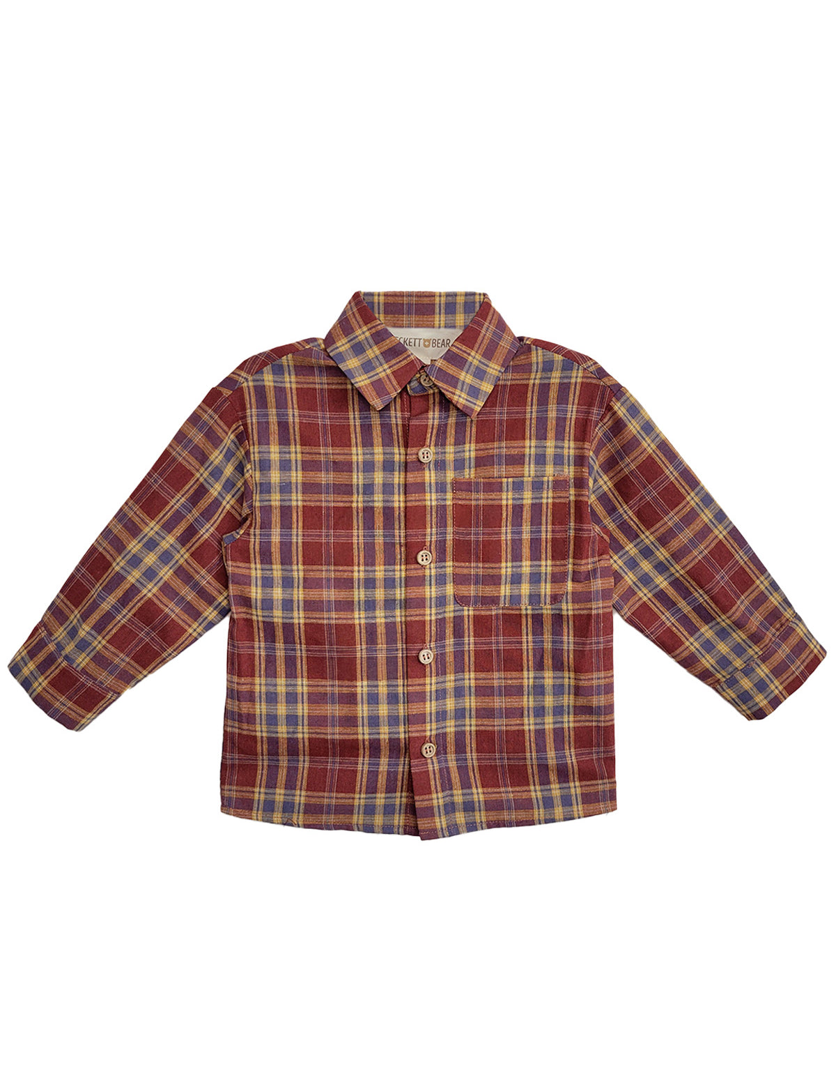The Beckett and Bear Noah Shirt is a kids’ long-sleeved plaid shirt in red, yellow, and blue, with a front chest pocket and classic collar for timeless button-down style.