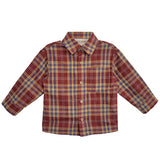 The Beckett and Bear Noah Shirt is a kids’ long-sleeved plaid shirt in red, yellow, and blue, with a front chest pocket and classic collar for timeless button-down style.