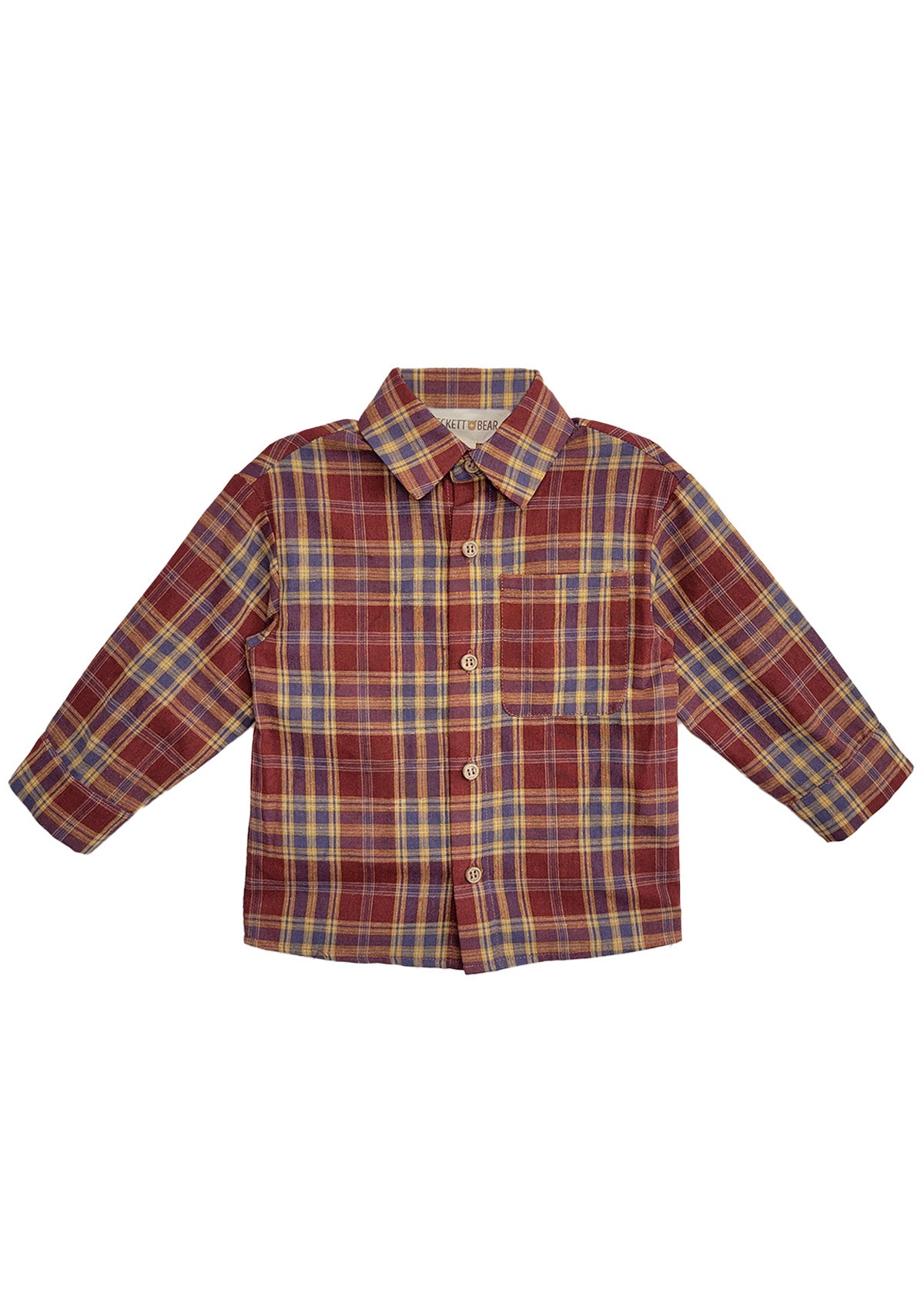 The Beckett and Bear Noah Shirt is a kids’ long-sleeved plaid shirt in red, yellow, and blue, with a front chest pocket and classic collar for timeless button-down style.
