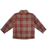 The Beckett and Bear Noah Shirt is a men's long-sleeve button-down with a vibrant red, yellow, and blue plaid pattern, shown flat with the back facing up.
