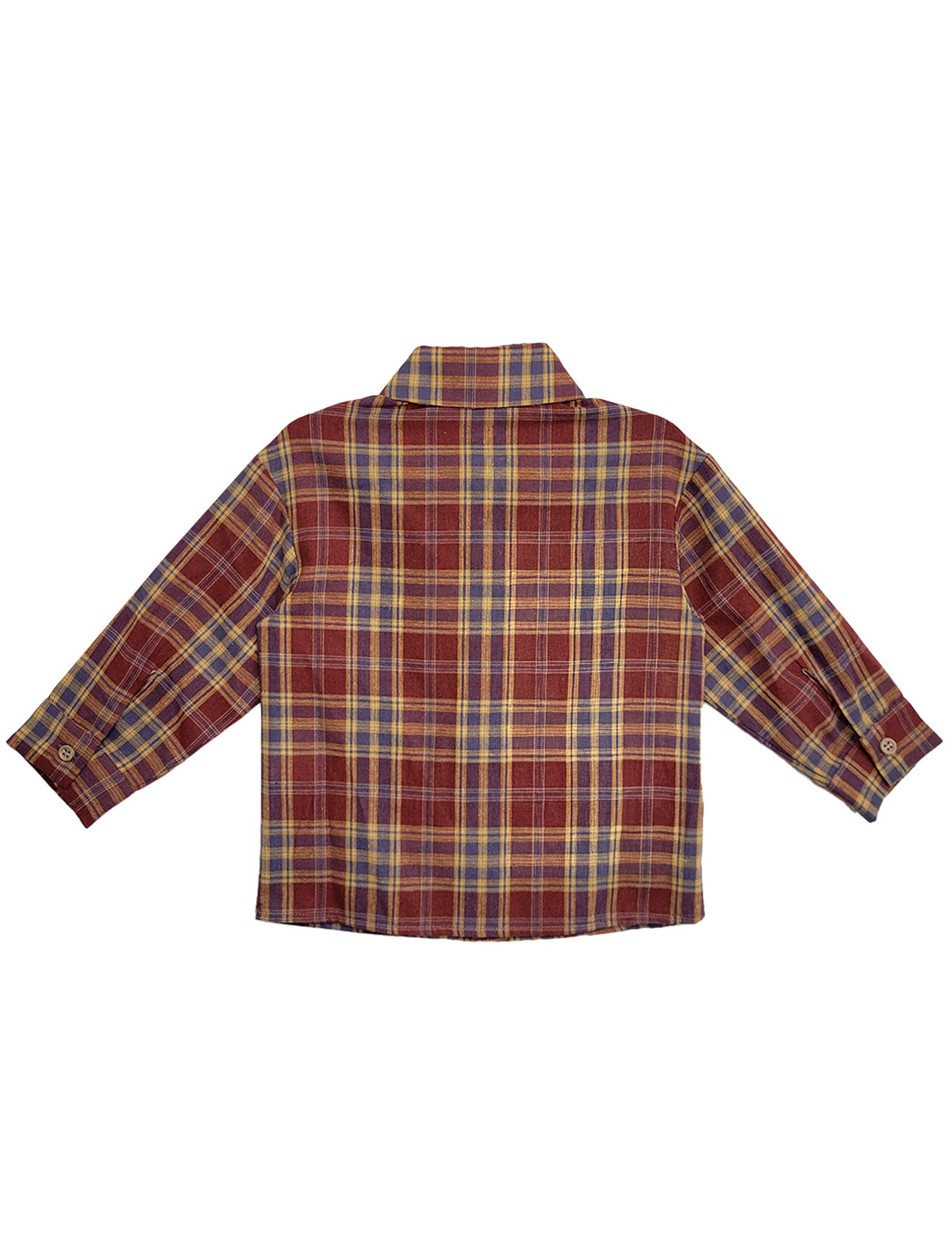 The Beckett and Bear Noah Shirt is a men's long-sleeve button-down with a vibrant red, yellow, and blue plaid pattern, shown flat with the back facing up.