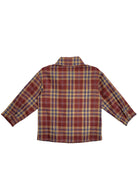 The Beckett and Bear Noah Shirt is a men's long-sleeve button-down with a vibrant red, yellow, and blue plaid pattern, shown flat with the back facing up.