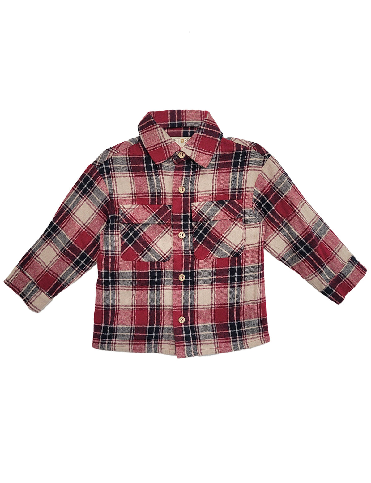 The Beckett and Bear Henry Jacket is a kids' long-sleeve button-down with a red, white, and black plaid pattern, two chest pockets, and a classic collar.
