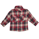 The Beckett and Bear Henry Jacket is a kids' long-sleeve button-down with a red, white, and black plaid pattern, two chest pockets, and a classic collar.