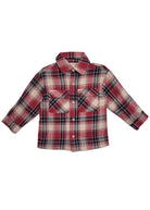 The Beckett and Bear Henry Jacket is a kids' long-sleeve button-down with a red, white, and black plaid pattern, two chest pockets, and a classic collar.