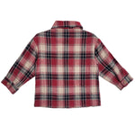 The Henry Jacket by Beckett and Bear is a kids’ long-sleeved flannel button-down shirt with red, white, and black plaid, shown from the back.