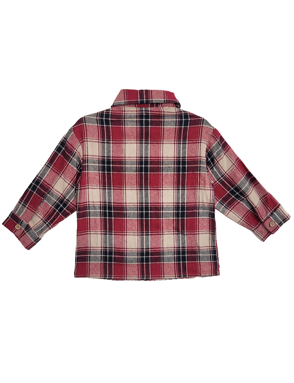 The Henry Jacket by Beckett and Bear is a kids’ long-sleeved flannel button-down shirt with red, white, and black plaid, shown from the back.