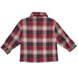 The Henry Jacket by Beckett and Bear is a kids’ long-sleeved flannel button-down shirt with red, white, and black plaid, shown from the back.