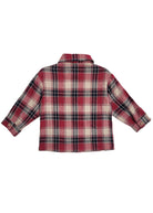 The Henry Jacket by Beckett and Bear is a kids’ long-sleeved flannel button-down shirt with red, white, and black plaid, shown from the back.