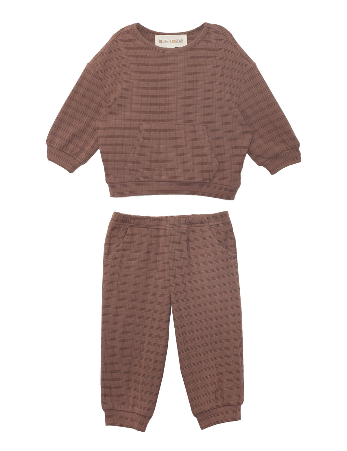 The Beckett and Bear Theo Two Piece Set features a cozy brown checkered long-sleeve sweatshirt with a front pocket and matching jogger pants with elastic cuffs and side pockets, perfect children’s loungewear, shown laid flat on white.