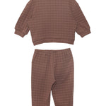 The Beckett and Bear Theo Two Piece Set for kids features a brown checkered plaid design with a long-sleeve top and matching elastic-cuff pants, both shown flat on a white background.