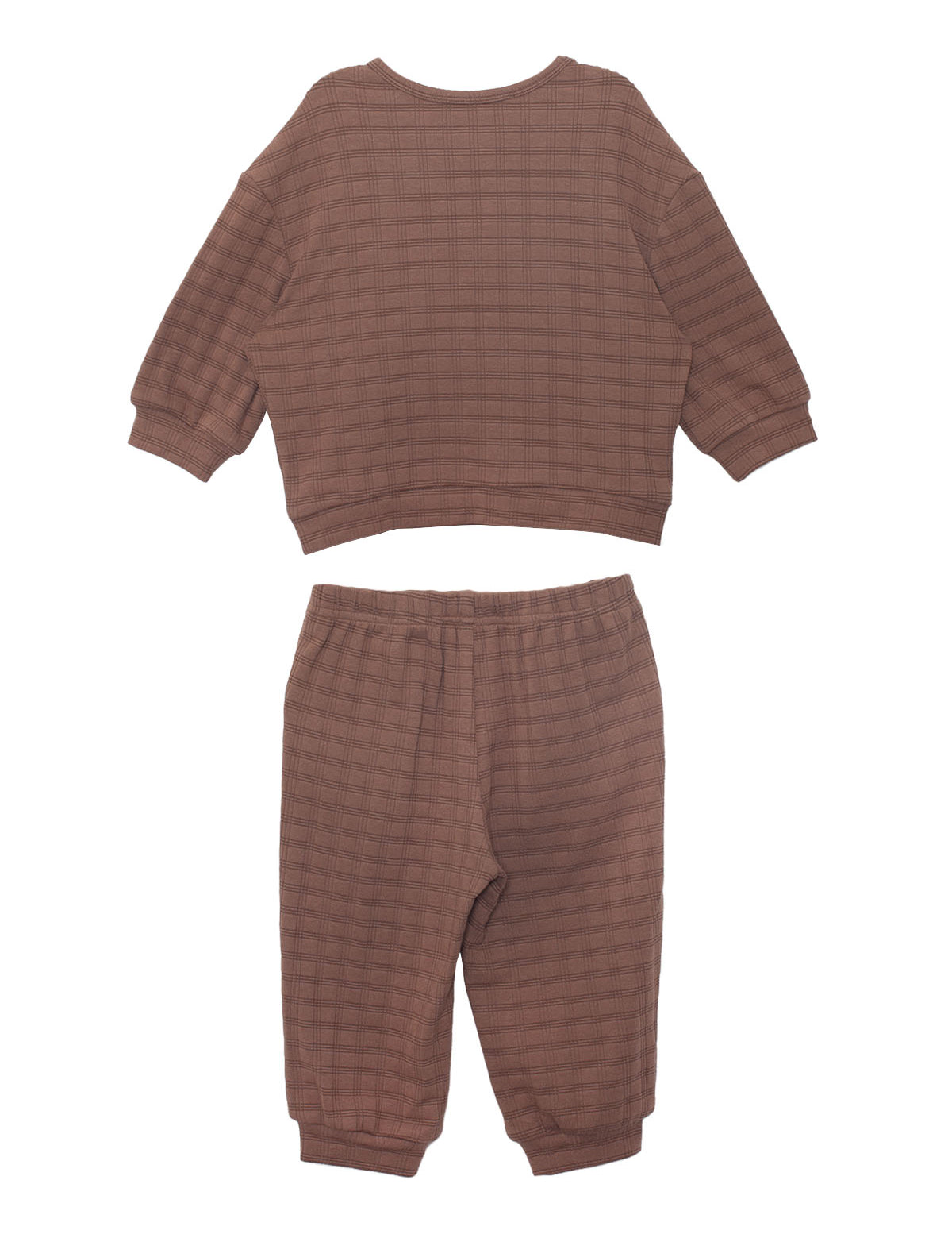 The Beckett and Bear Theo Two Piece Set for kids features a brown checkered plaid design with a long-sleeve top and matching elastic-cuff pants, both shown flat on a white background.