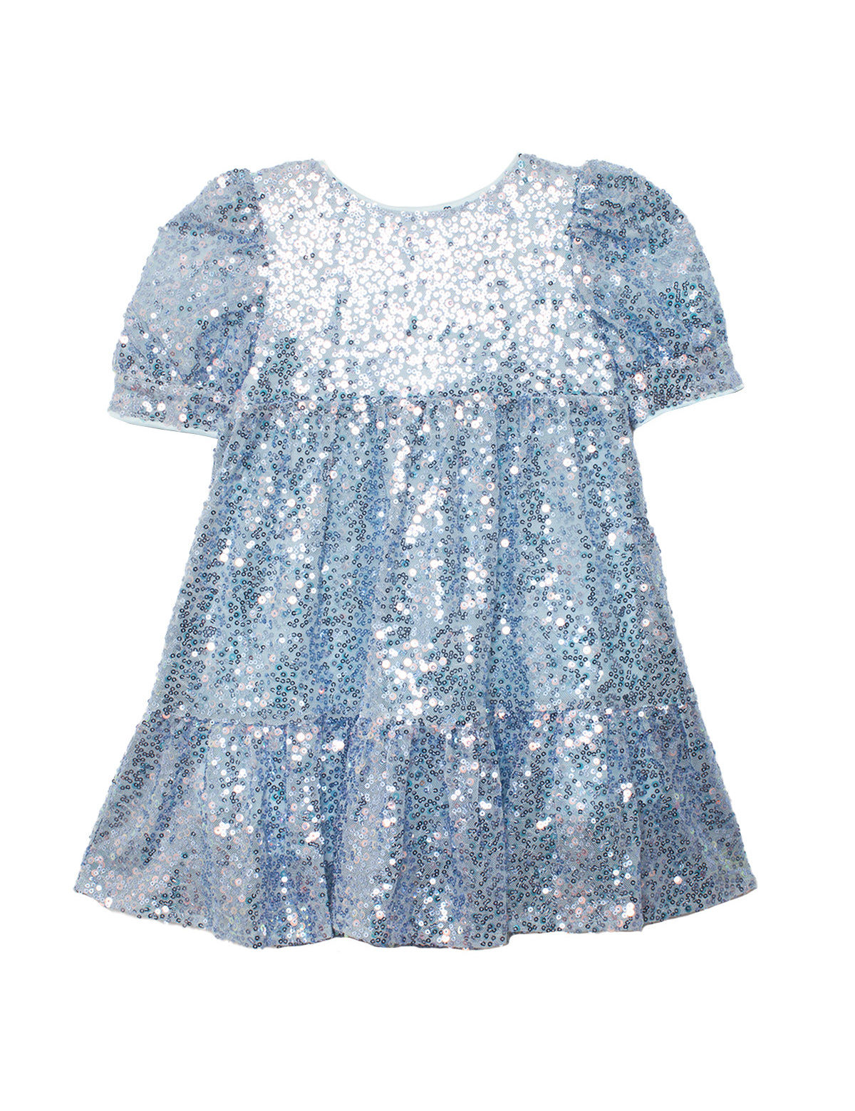The Isobella and Chloe Starry Blue Glitter Dress is a short-sleeve, knee-length party dress with a round neckline, puffed sleeves, shiny blue and silver sequins, and a flared, ruffled skirt—perfect for girls' parties.