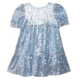 The Isobella and Chloe Starry Blue Glitter Dress is a short-sleeve, knee-length party dress with a round neckline, puffed sleeves, shiny blue and silver sequins, and a flared, ruffled skirt—perfect for girls' parties.