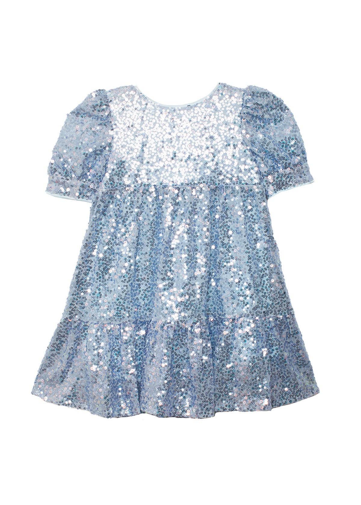 The Isobella and Chloe Starry Blue Glitter Dress is a short-sleeve, knee-length party dress with a round neckline, puffed sleeves, shiny blue and silver sequins, and a flared, ruffled skirt—perfect for girls' parties.