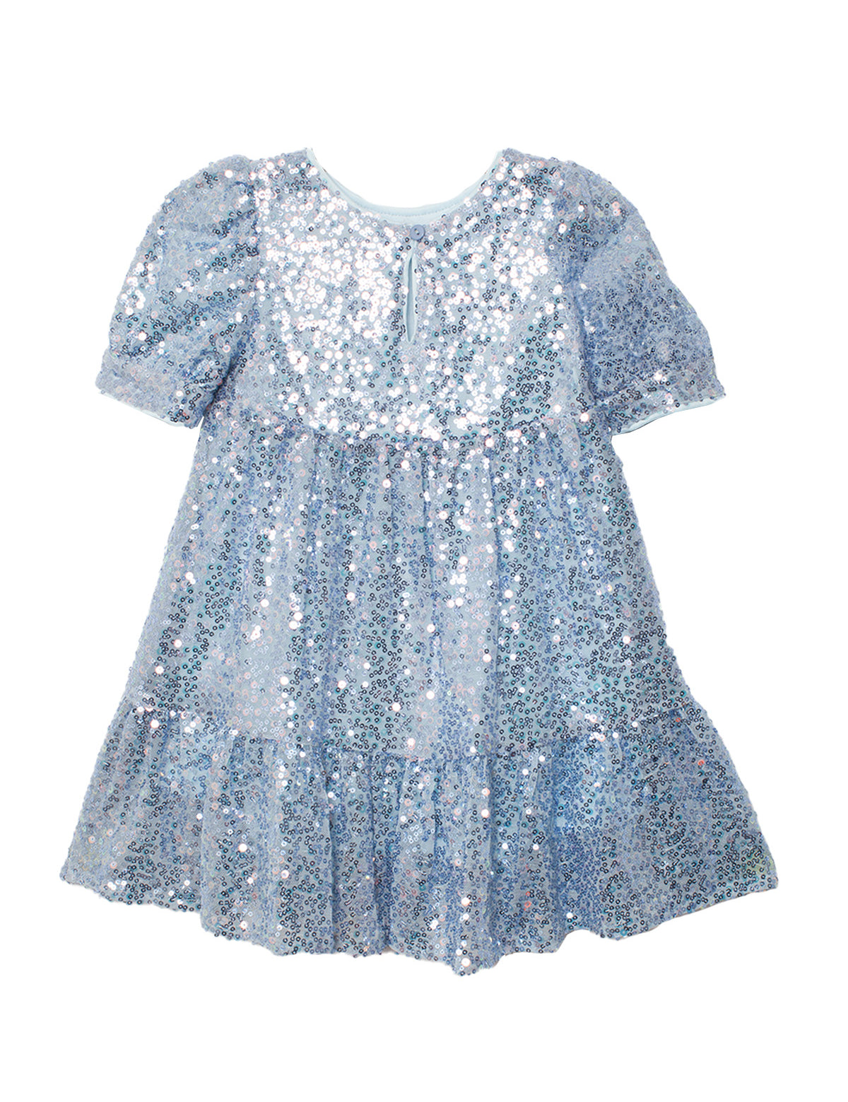 The Isobella and Chloe Starry Blue Glitter Dress is a light blue girls' party dress with shimmering sequins, puffy sleeves, a round neckline, flared gathered skirt, and a playful keyhole back opening.
