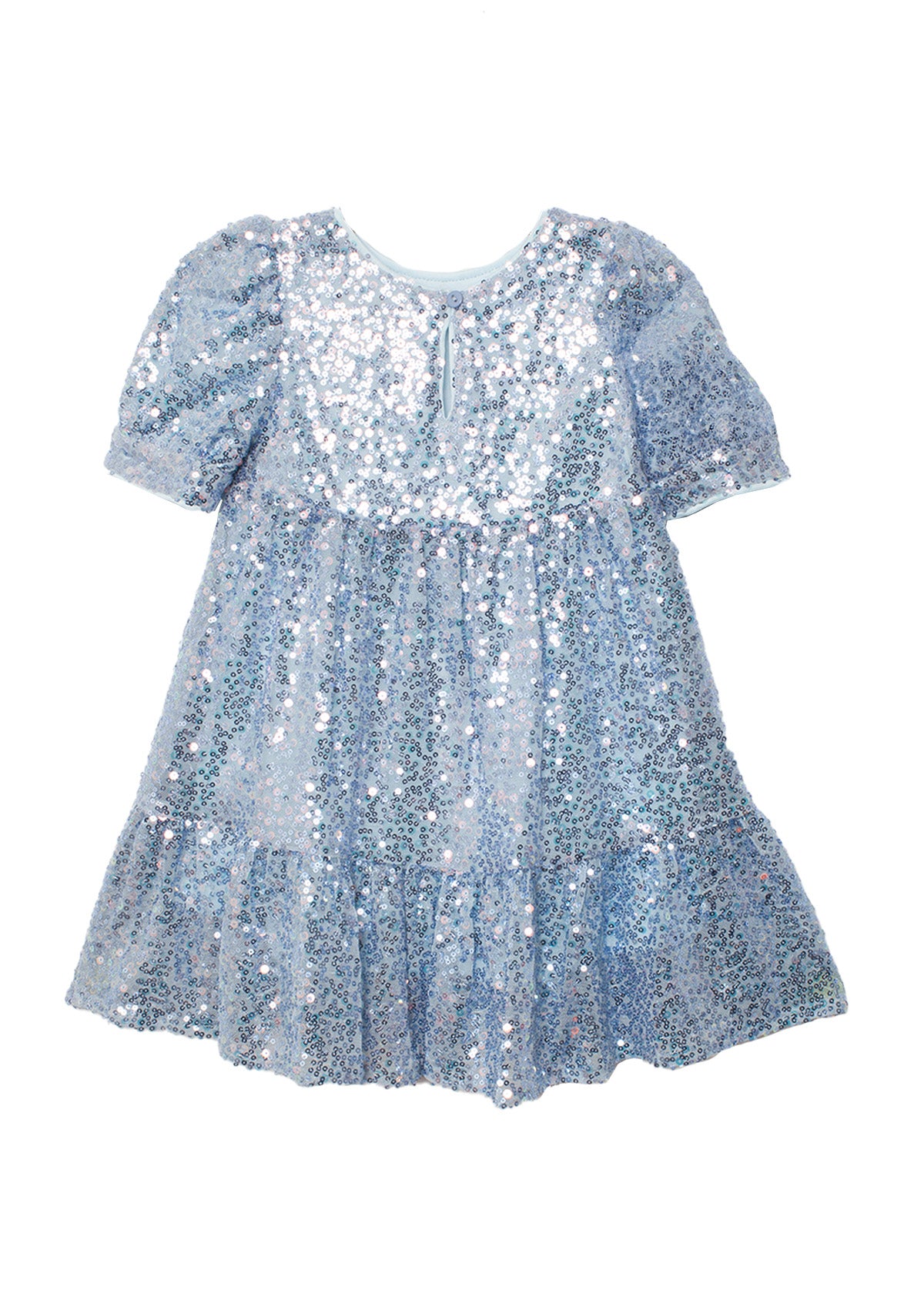 The Isobella and Chloe Starry Blue Glitter Dress is a light blue girls' party dress with shimmering sequins, puffy sleeves, a round neckline, flared gathered skirt, and a playful keyhole back opening.