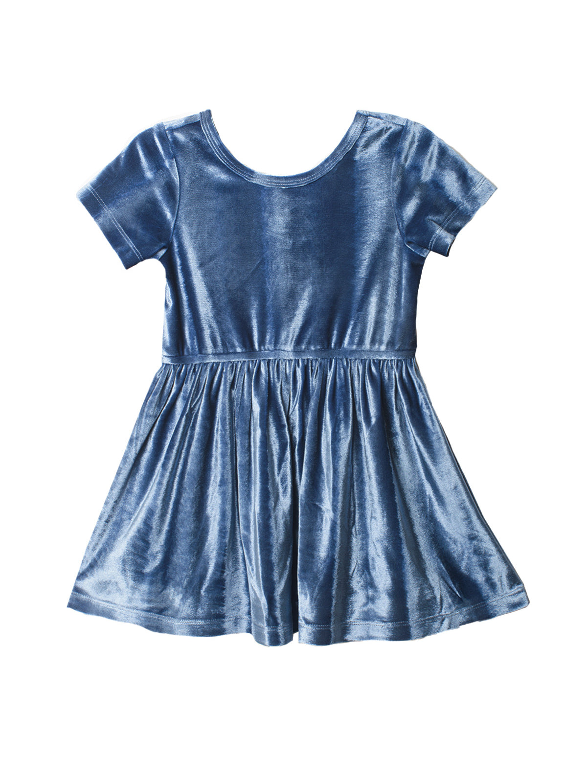 The Isobella and Chloe Starry Blue Velvet Dress features short sleeves, a round neckline, and a gathered flared skirt, making it perfect for girls’ special occasions. Shown in knee-length on a plain white background.
