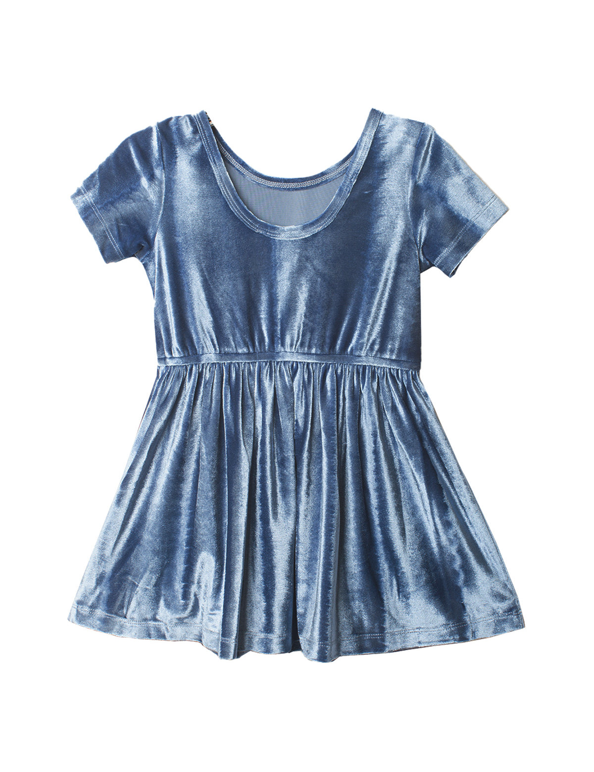 The Isobella and Chloe Starry Blue Velvet Dress features short sleeves, a fitted bodice, gathered waist, and flared skirt—ideal as a girls’ special occasion dress. Displayed on a white background.