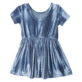 The Isobella and Chloe Starry Blue Velvet Dress features short sleeves, a fitted bodice, gathered waist, and flared skirt—ideal as a girls’ special occasion dress. Displayed on a white background.
