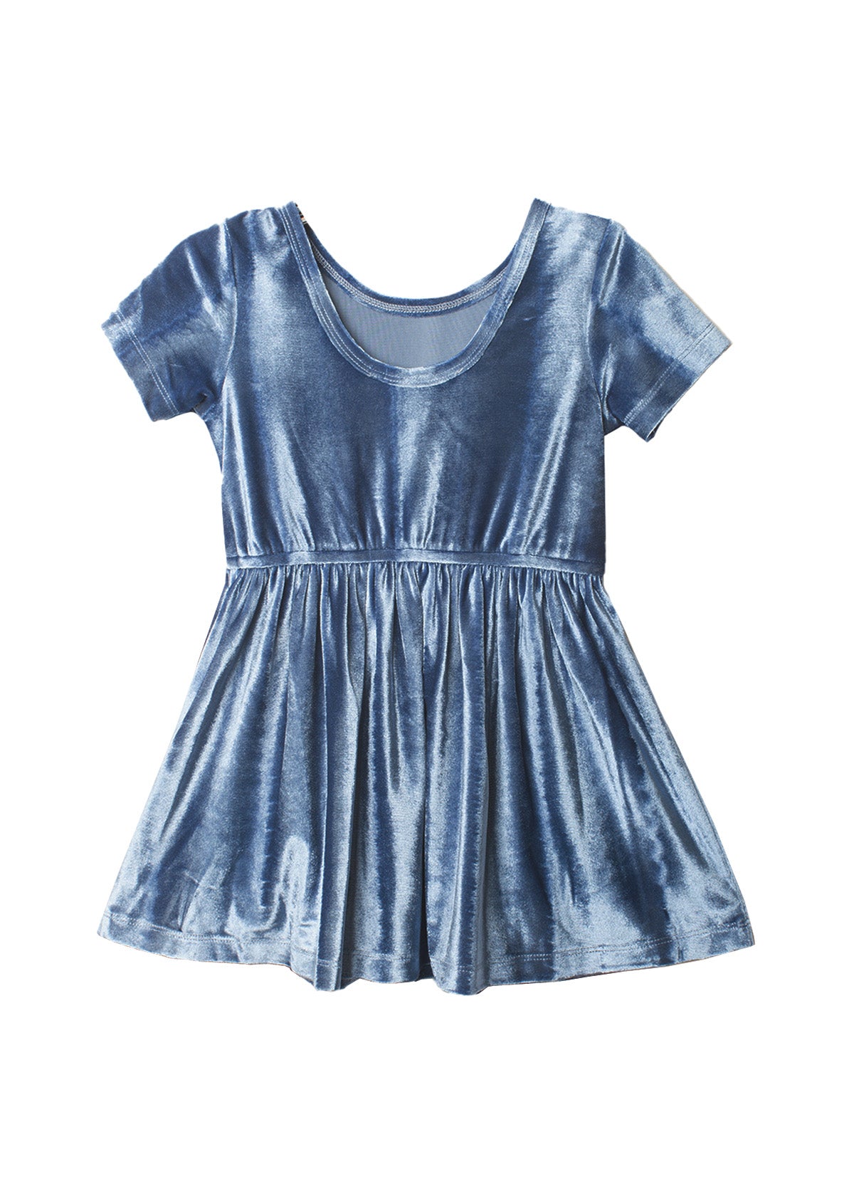 The Isobella and Chloe Starry Blue Velvet Dress features short sleeves, a fitted bodice, gathered waist, and flared skirt—ideal as a girls’ special occasion dress. Displayed on a white background.