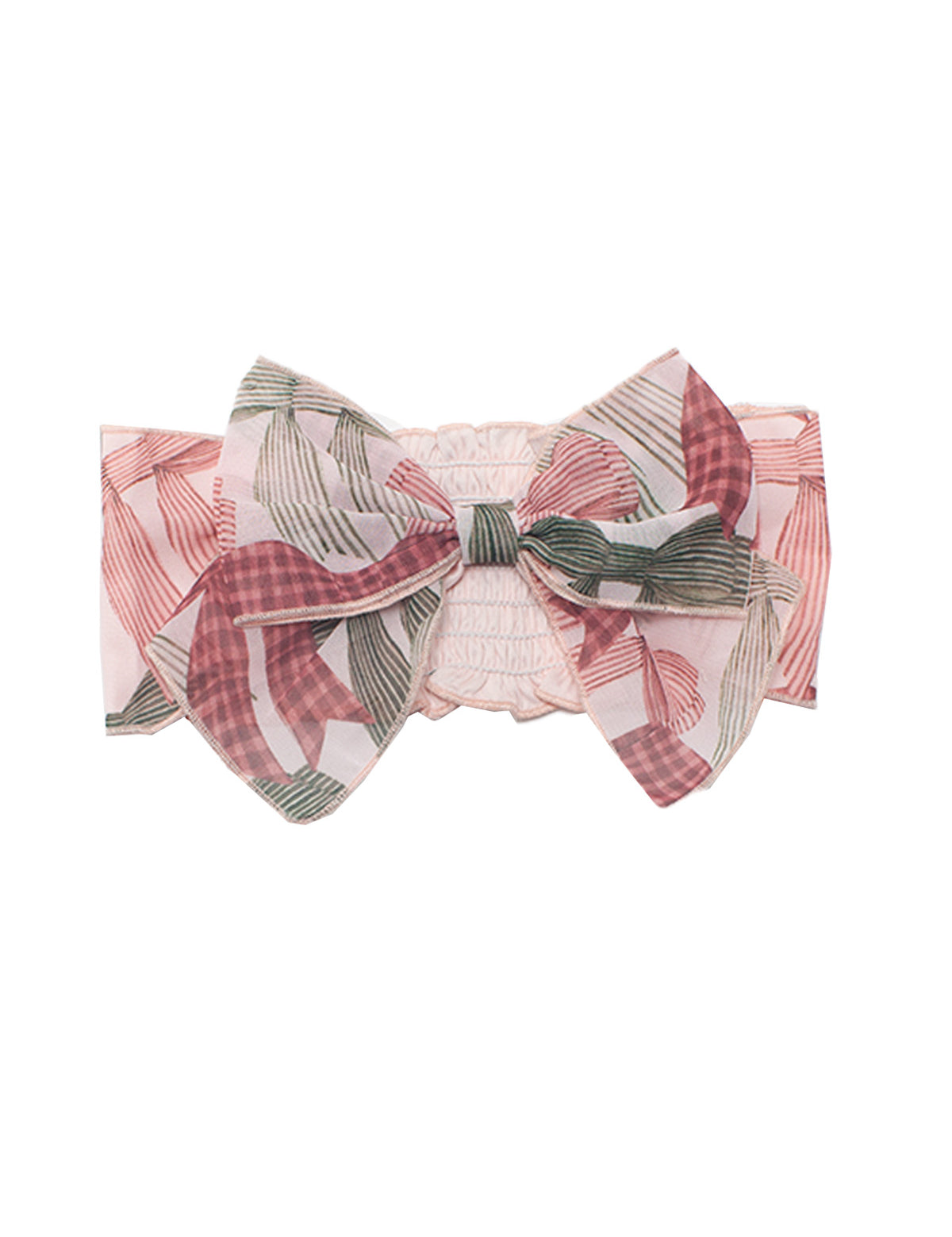 The Bow-tiful Hair Accessory by Mabel and Honey is a charming pink hairband for baby girls, featuring a large bow with a pink and green leaf pattern—perfect for any occasion.