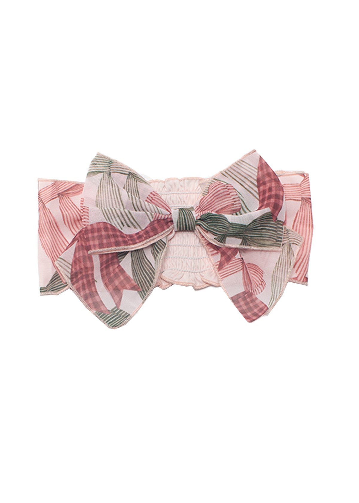 The Bow-tiful Hair Accessory by Mabel and Honey is a charming pink hairband for baby girls, featuring a large bow with a pink and green leaf pattern—perfect for any occasion.