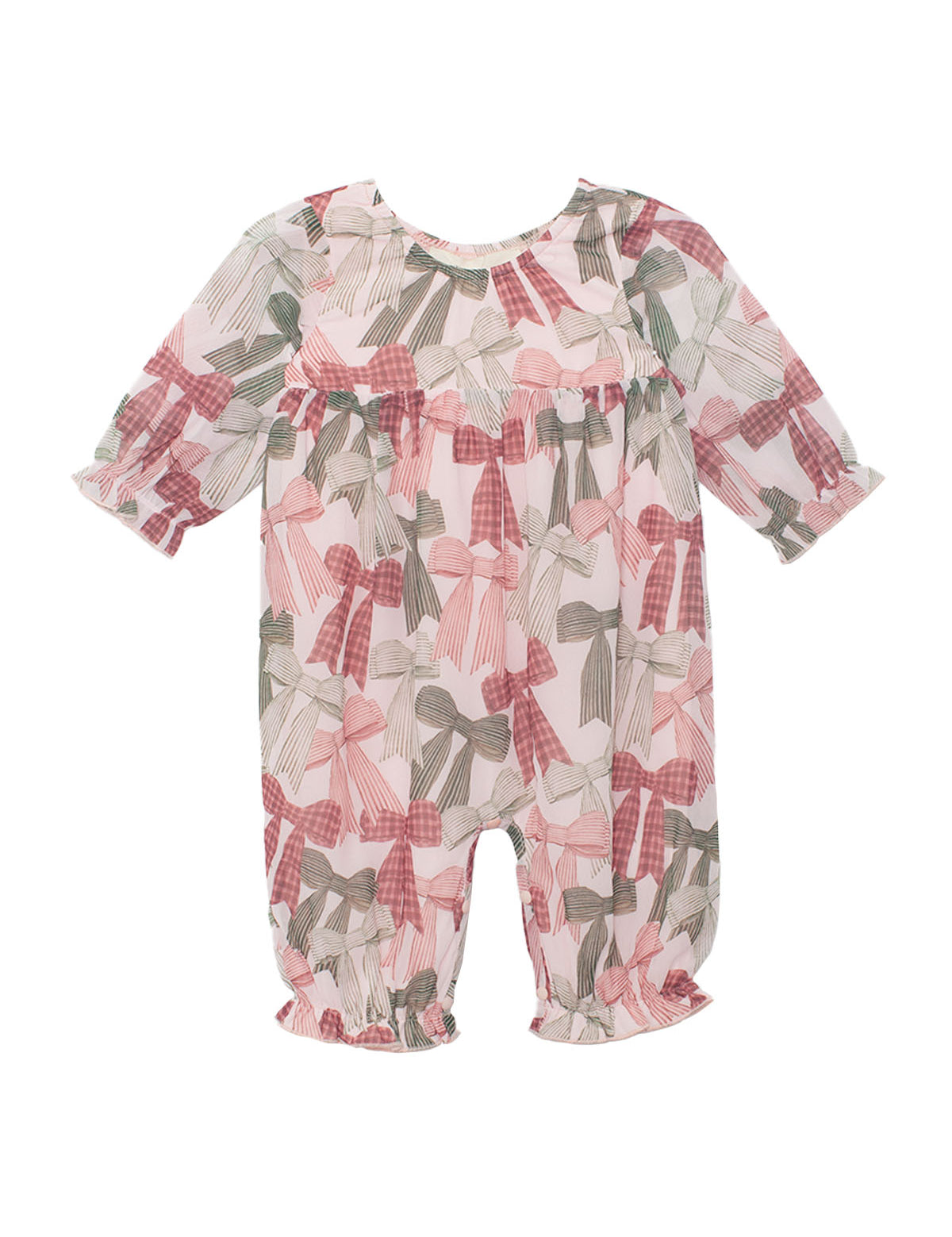 The Mabel and Honey Bow-tiful Romper is a long-sleeve baby girls’ outfit with a ruffle neckline and cuffs, featuring pink, red, and green bows on a white background.