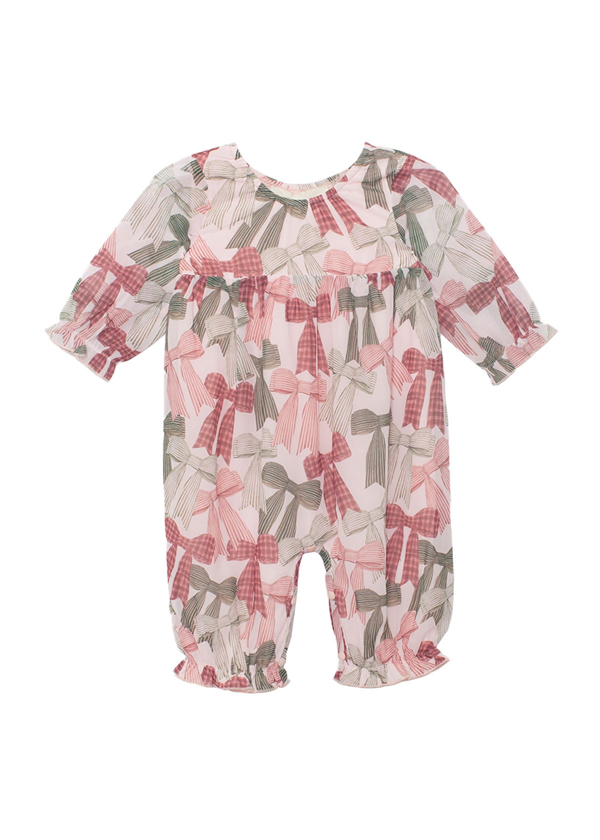 The Mabel and Honey Bow-tiful Romper is a long-sleeve baby girls’ outfit with a ruffle neckline and cuffs, featuring pink, red, and green bows on a white background.