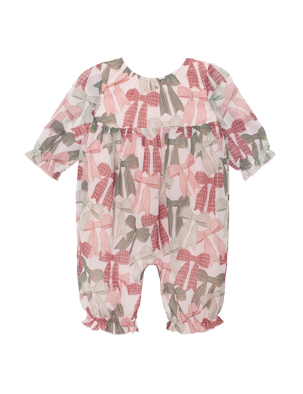 The Bow-tiful Romper by Mabel and Honey is a charming long sleeve baby girl romper with ruffled cuffs and playful pink, red, and green bows on white, finished with gathered waist and ankles.
