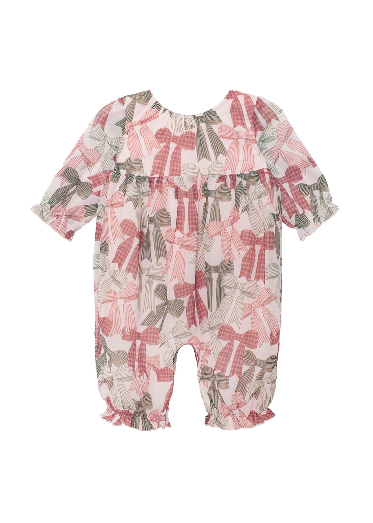 The Bow-tiful Romper by Mabel and Honey is a charming long sleeve baby girl romper with ruffled cuffs and playful pink, red, and green bows on white, finished with gathered waist and ankles.