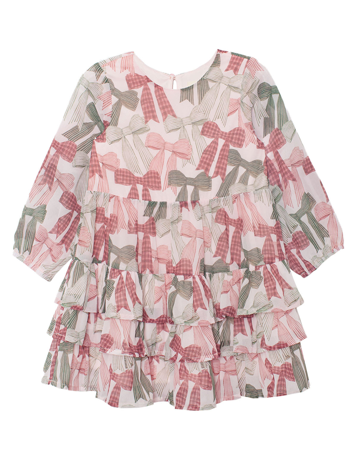 The Bow-tiful Dress by Mabel and Honey is a girls’ long sleeve dress with playful tiers, ruffles, and a pink-and-green bow print on crisp white.