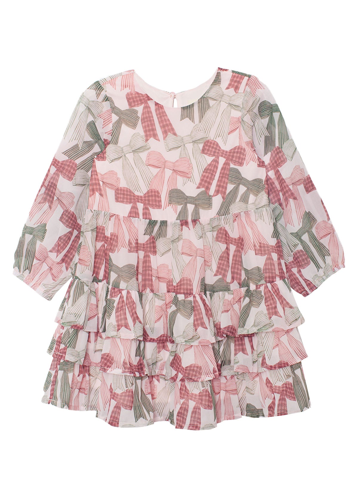 The Bow-tiful Dress by Mabel and Honey is a girls’ long sleeve dress with playful tiers, ruffles, and a pink-and-green bow print on crisp white.