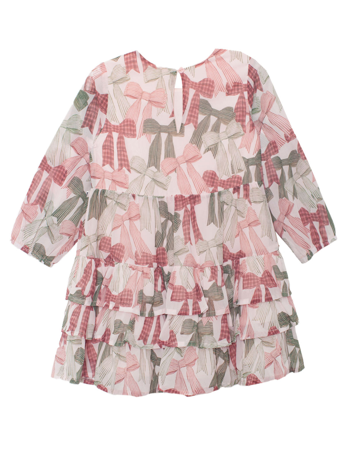 The Bow-tiful Dress by Mabel and Honey features pink and green bow prints on white, ruffle details, a tiered skirt, and back buttons—ideal for girls who love pretty touches.