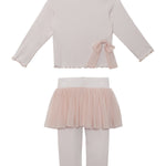 The Isobella and Chloe Ballerina Two Piece Pant Set in light pink includes a long-sleeve top with ruffled neckline and bow, plus ribbed leggings with a soft tulle skirt overlay for a charming, dance-inspired style.