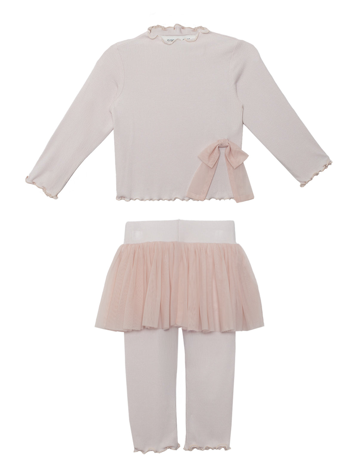 The Isobella and Chloe Ballerina Two Piece Pant Set in light pink includes a long-sleeve top with ruffled neckline and bow, plus ribbed leggings with a soft tulle skirt overlay for a charming, dance-inspired style.