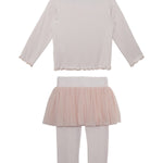 The Isobella and Chloe Ballerina Two Piece Pant Set features a pale pink long-sleeve ruffled top and ribbed leggings, styled with a pink tulle skirt, all displayed flat on a white background.