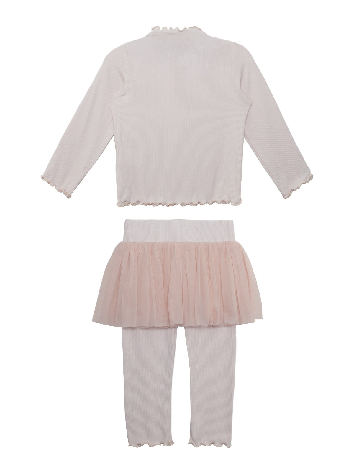 The Isobella and Chloe Ballerina Two Piece Pant Set features a pale pink long-sleeve ruffled top and ribbed leggings, styled with a pink tulle skirt, all displayed flat on a white background.