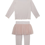 The Isobella and Chloe Ballerina Two Piece Pant Set features a pale pink long-sleeve ruffled top and ribbed leggings, styled with a pink tulle skirt, all displayed flat on a white background.